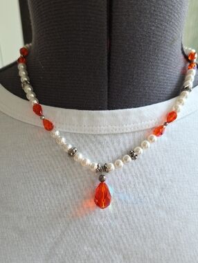 Pearl Bead Necklace with Orange Swarovski Crystals And Earring Set